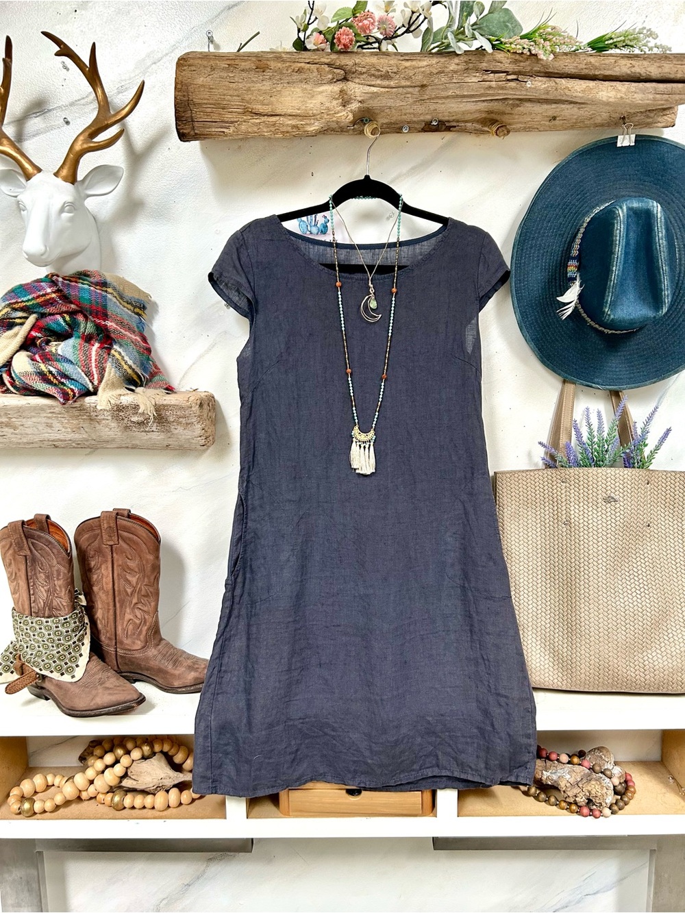 LINEN Dark navy boho Dress w resort vacay beach vibe